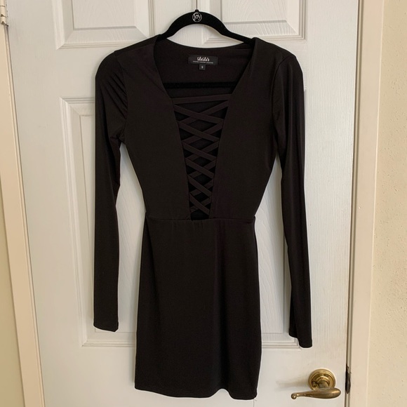 Black Lace Up Plunging Neckline Bodycon Minidress - Picture 6 of 8